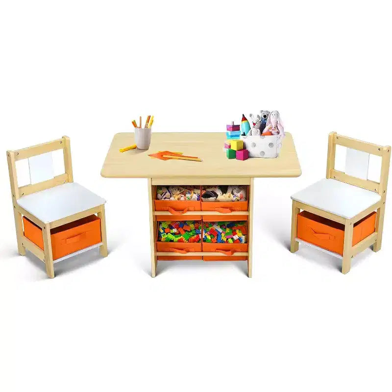 JOYMOR Kids Table & Chairs Set with 6 Drawers, Solid Wood Toddler Activity Desk for Ages 3-8, Natural