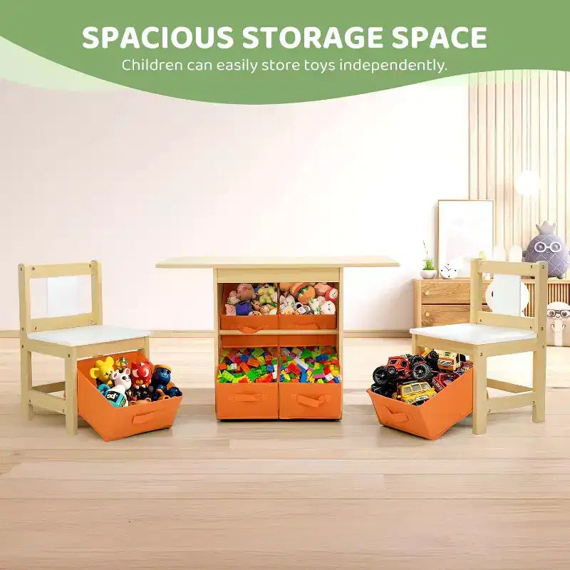 Ensemble table et chaises JOYMOR pour enfants avec 6 tiroirs, bureau d'activités pour tout-petits en bois massif pour les 3-8 ans, Naturel