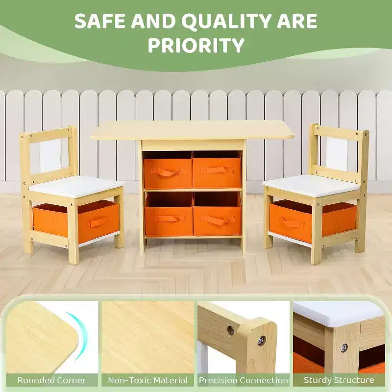 Ensemble table et chaises JOYMOR pour enfants avec 6 tiroirs, bureau d'activités pour tout-petits en bois massif pour les 3-8 ans, Naturel
