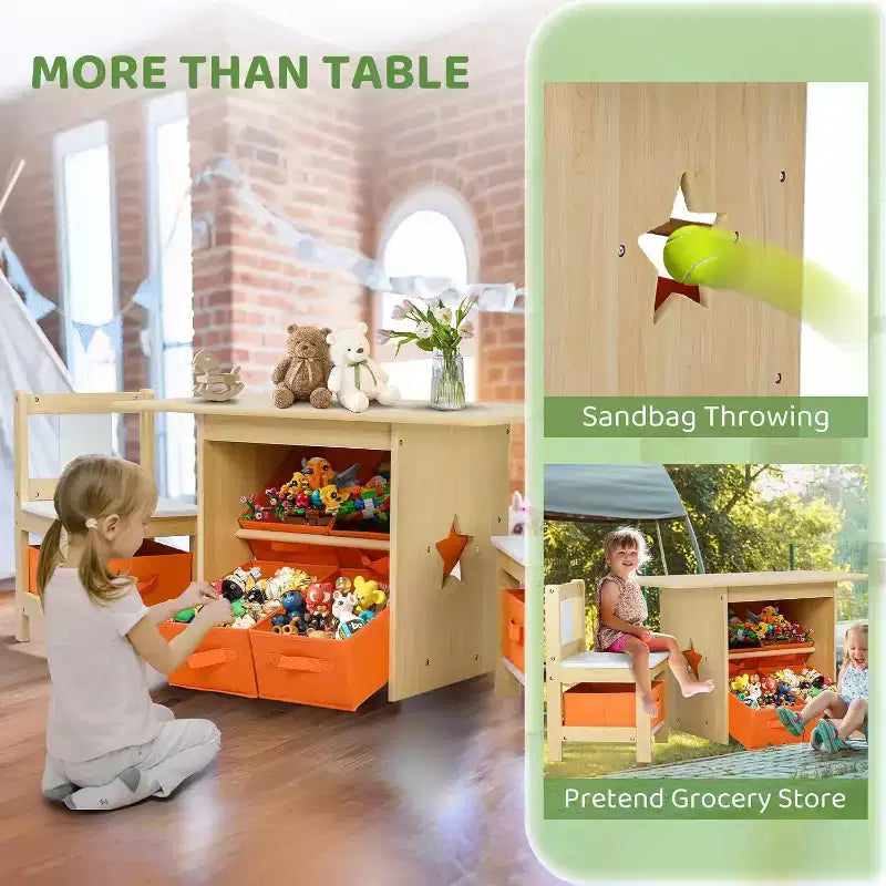 Ensemble table et chaises JOYMOR pour enfants avec 6 tiroirs, bureau d'activités pour tout-petits en bois massif pour les 3-8 ans, Naturel