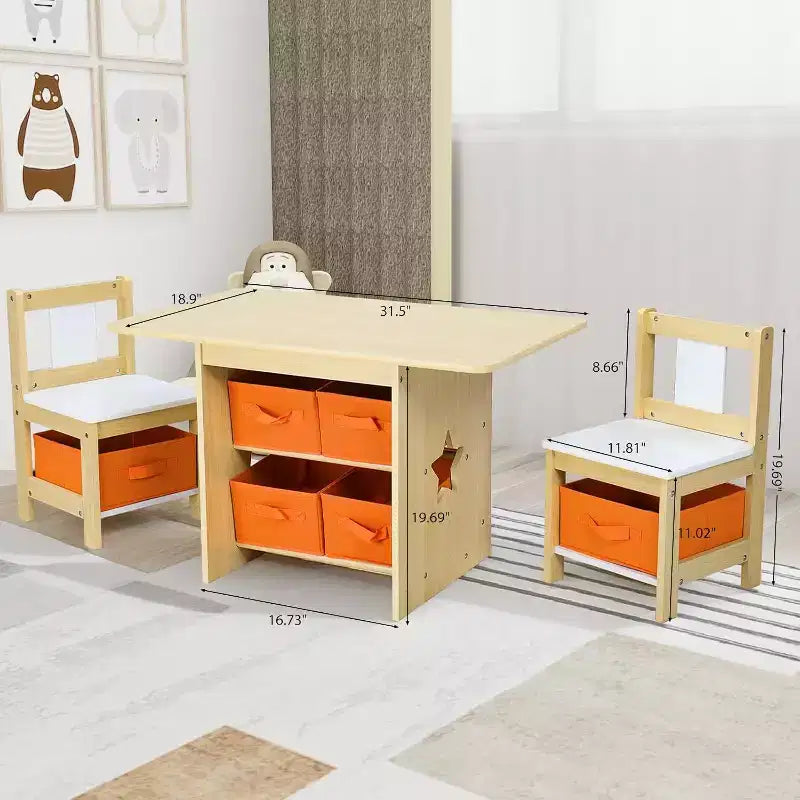 Ensemble table et chaises JOYMOR pour enfants avec 6 tiroirs, bureau d'activités pour tout-petits en bois massif pour les 3-8 ans, Naturel