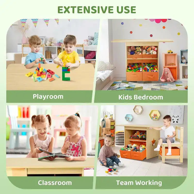 Ensemble table et chaises JOYMOR pour enfants avec 6 tiroirs, bureau d'activités pour tout-petits en bois massif pour les 3-8 ans, Naturel