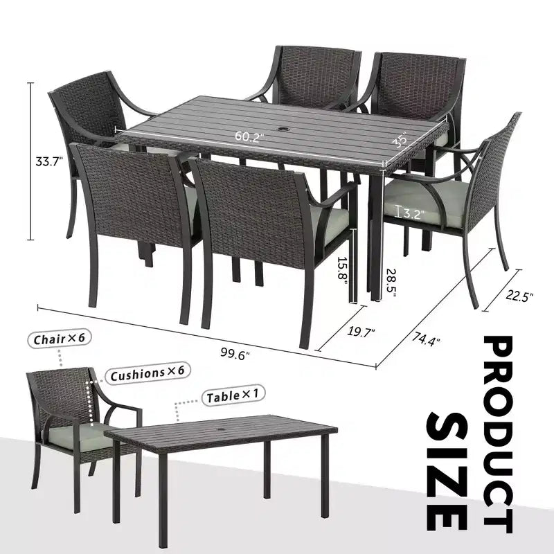 Ensemble de salle à manger 7 pièces HAPPATIO, ensemble de salle à manger d'extérieur. Meubles de salle à manger en rotin. Ensemble de salle à manger d'extérieur pour 6 personnes.