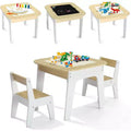 JOYMOR 4-in-1 Kids Activity Table & Chairs Set, with Building Blocks Board, Chalkboard & Whiteboard Top, Wooden with Storage, Natural
