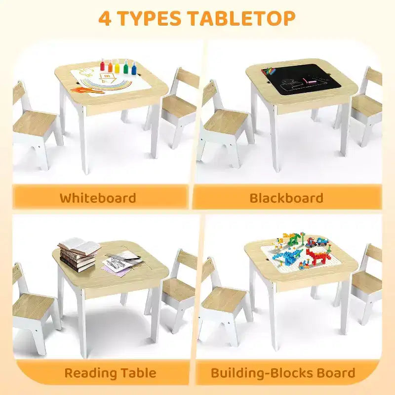 JOYMOR Table et chaises d'activités 4-en-1 pour enfants, avec plateau de construction, tableau noir et blanc, en bois avec rangement, naturel