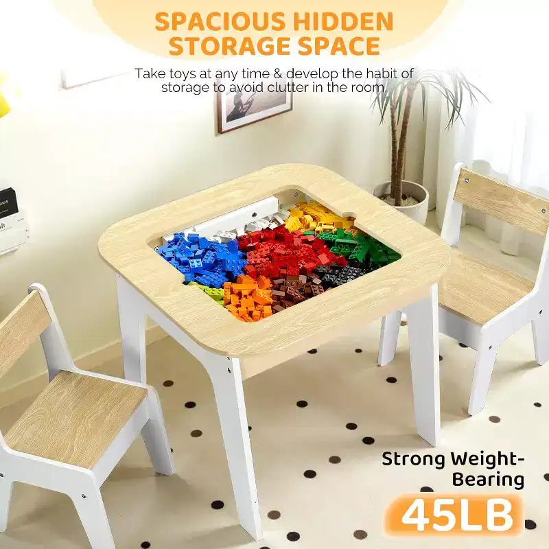 JOYMOR Table et chaises d'activités 4-en-1 pour enfants, avec plateau de construction, tableau noir et blanc, en bois avec rangement, naturel