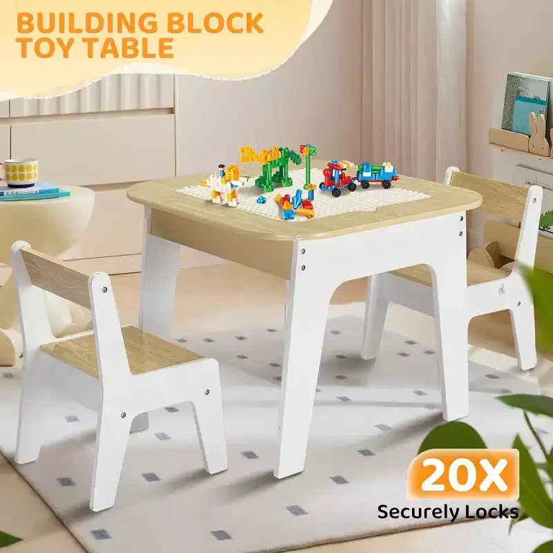 JOYMOR Table et chaises d'activités 4-en-1 pour enfants, avec plateau de construction, tableau noir et blanc, en bois avec rangement, naturel
