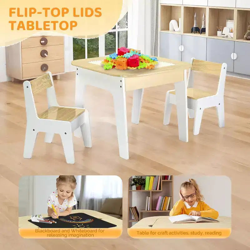 JOYMOR Table et chaises d'activités 4-en-1 pour enfants, avec plateau de construction, tableau noir et blanc, en bois avec rangement, naturel