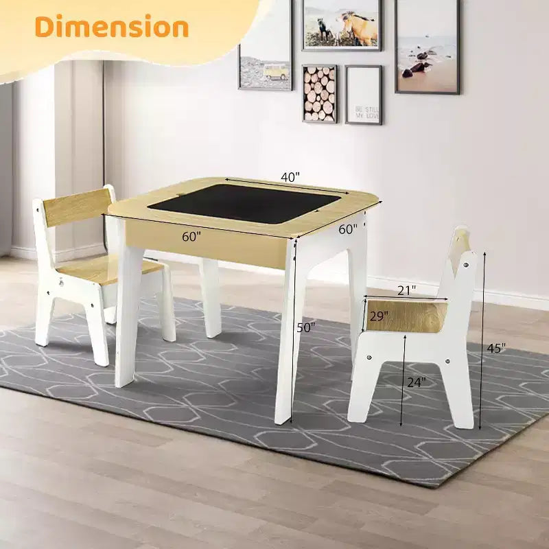 JOYMOR Table et chaises d'activités 4-en-1 pour enfants, avec plateau de construction, tableau noir et blanc, en bois avec rangement, naturel