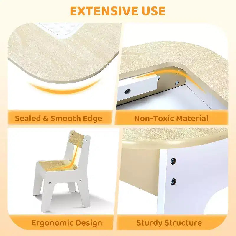 JOYMOR Table et chaises d'activités 4-en-1 pour enfants, avec plateau de construction, tableau noir et blanc, en bois avec rangement, naturel
