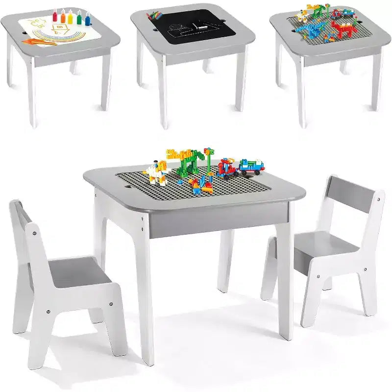 JOYMOR 4-in-1 Kids Activity Table & Chairs Set with Building Blocks Board, Chalkboard and Whiteboard, Grey