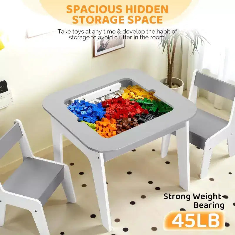 JOYMOR Ensemble table et chaises d'activités 4-en-1 pour enfants avec plateau de blocs de construction, tableau noir et tableau blanc, gris