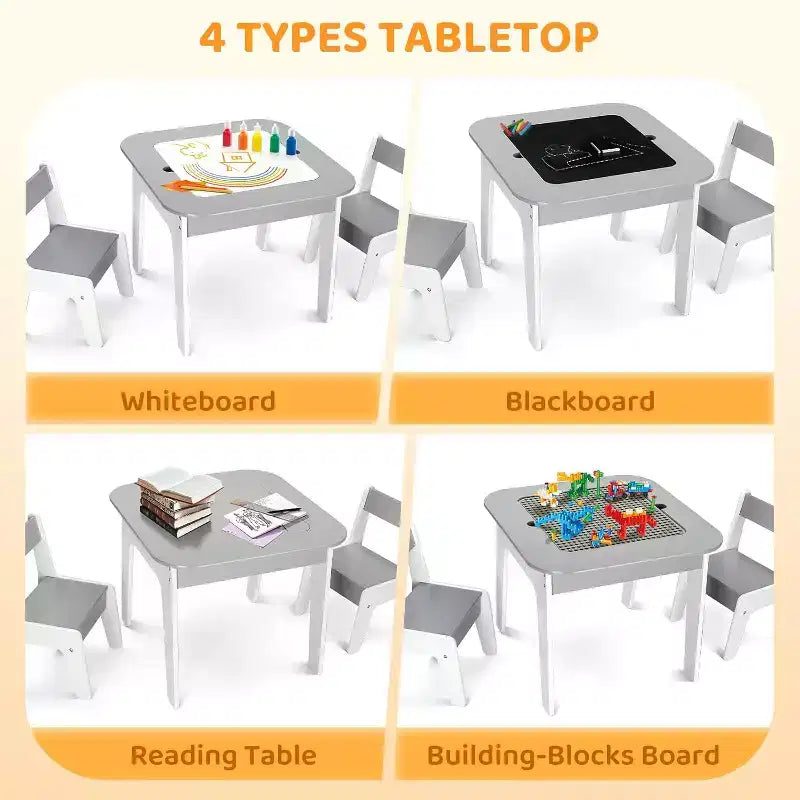 JOYMOR Ensemble table et chaises d'activités 4-en-1 pour enfants avec plateau de blocs de construction, tableau noir et tableau blanc, gris