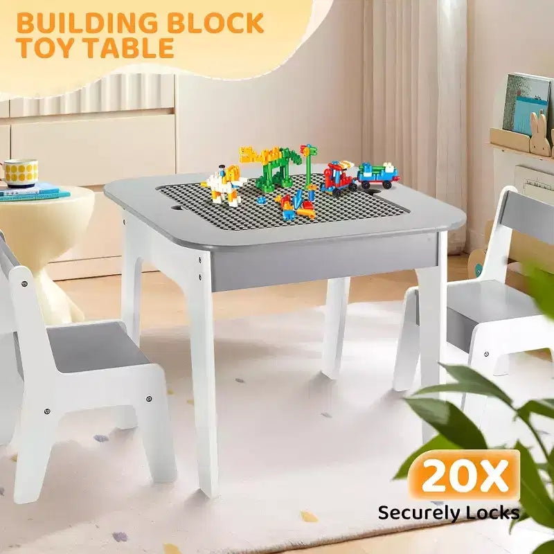 JOYMOR Ensemble table et chaises d'activités 4-en-1 pour enfants avec plateau de blocs de construction, tableau noir et tableau blanc, gris