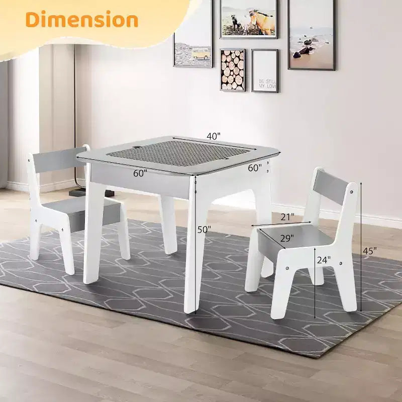 JOYMOR Ensemble table et chaises d'activités 4-en-1 pour enfants avec plateau de blocs de construction, tableau noir et tableau blanc, gris