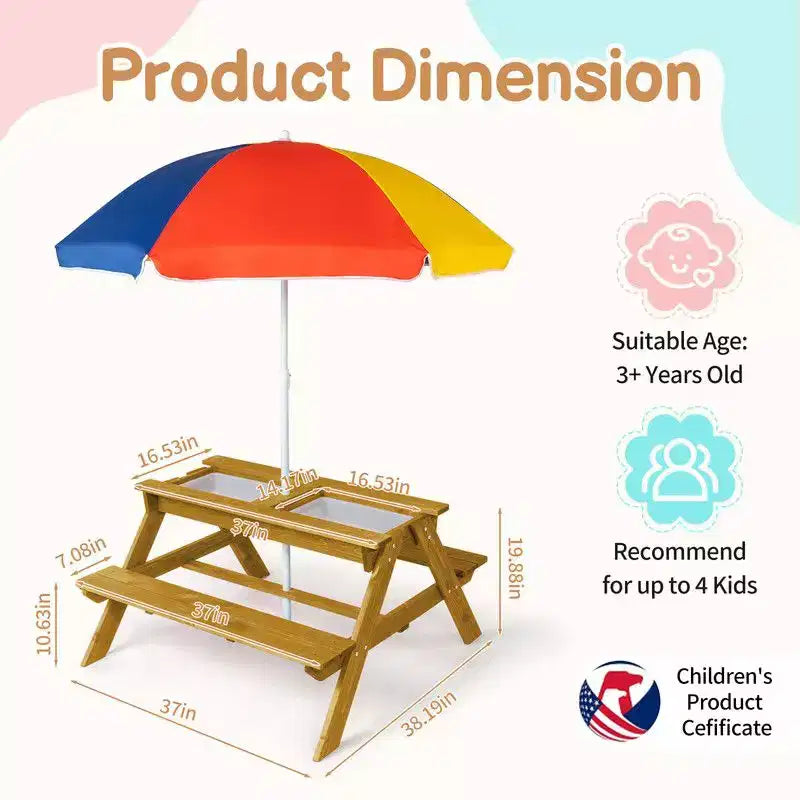 Table de pique-nique et banc d'extérieur rectangulaires en bois Karl Home Kids avec parasol et bacs de jeu