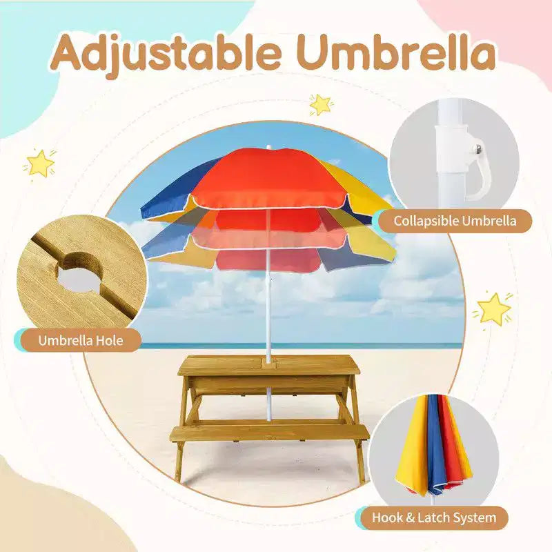 Table de pique-nique et banc d'extérieur rectangulaires en bois Karl Home Kids avec parasol et bacs de jeu