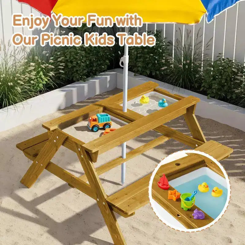 Table de pique-nique et banc d'extérieur rectangulaires en bois Karl Home Kids avec parasol et bacs de jeu