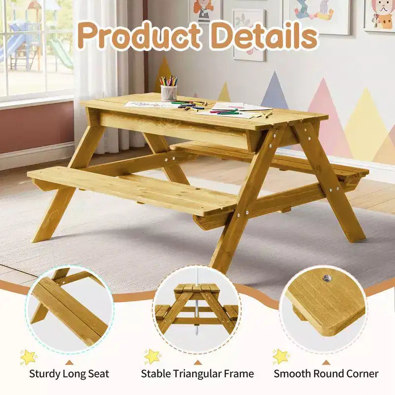 Table de pique-nique et banc d'extérieur rectangulaires en bois Karl Home Kids avec parasol et bacs de jeu