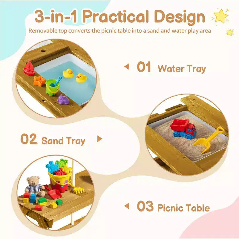 Table de pique-nique et banc d'extérieur rectangulaires en bois Karl Home Kids avec parasol et bacs de jeu