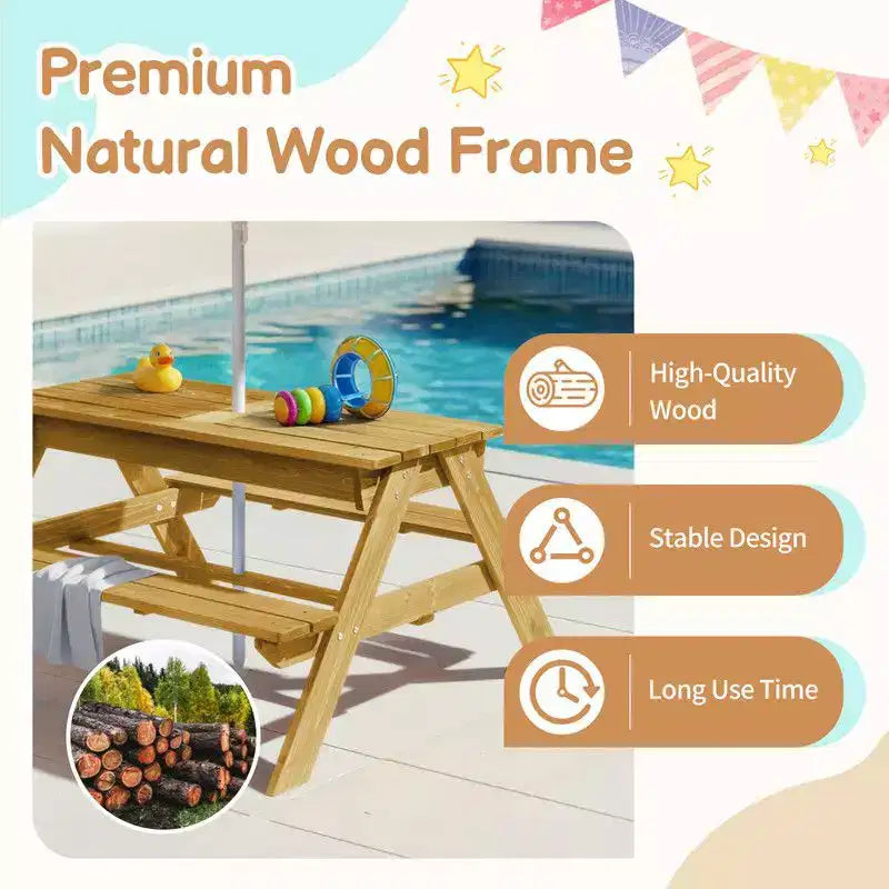 Table de pique-nique et banc d'extérieur rectangulaires en bois Karl Home Kids avec parasol et bacs de jeu