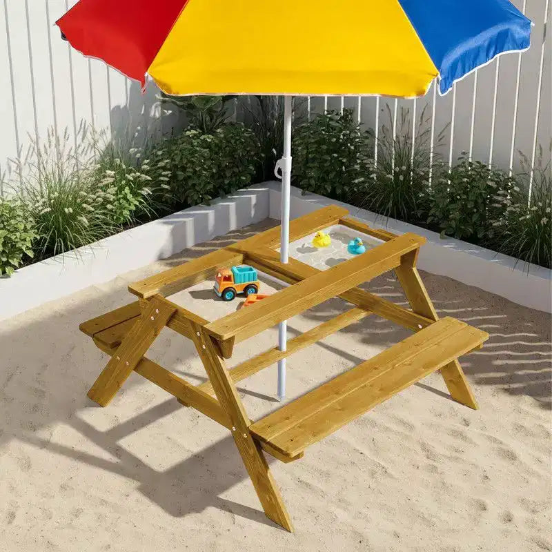 Table de pique-nique et banc d'extérieur rectangulaires en bois Karl Home Kids avec parasol et bacs de jeu