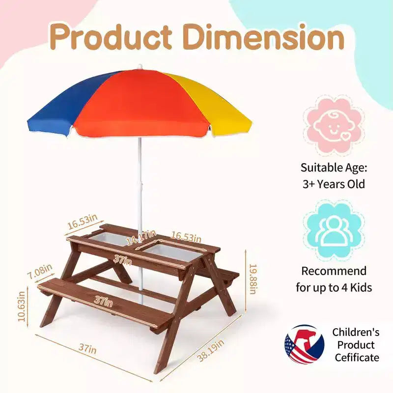 Table de pique-nique et banc d'extérieur rectangulaires en bois Karl Home Kids avec parasol et bacs de jeu