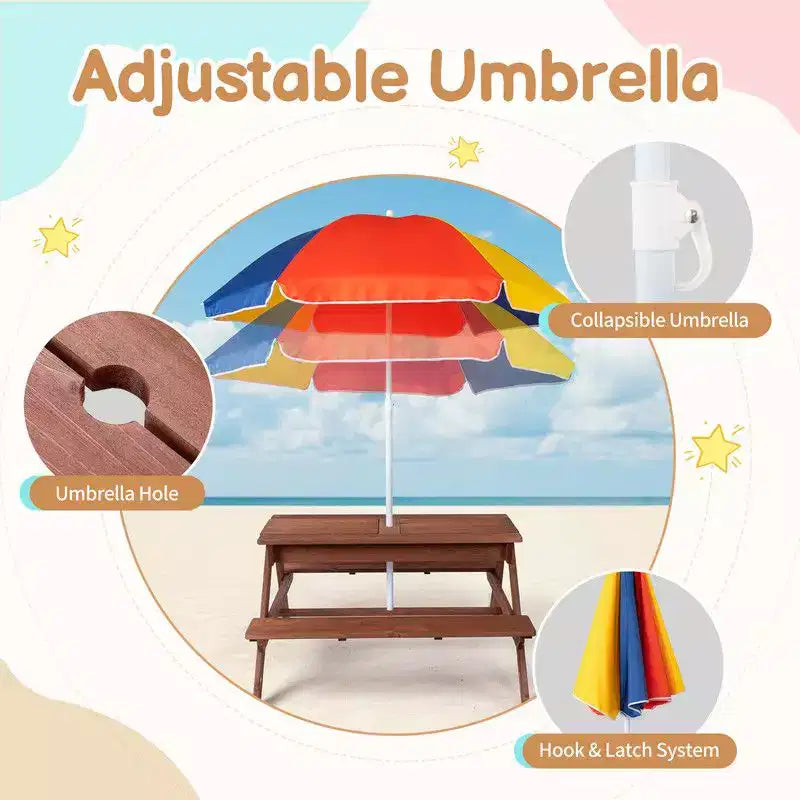Table de pique-nique et banc d'extérieur rectangulaires en bois Karl Home Kids avec parasol et bacs de jeu