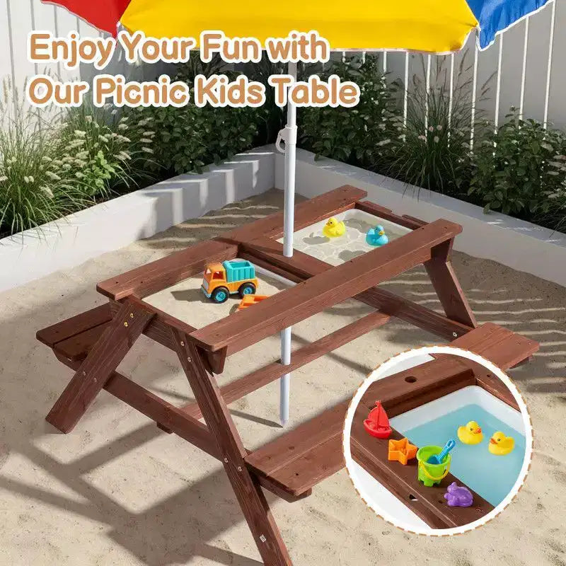 Table de pique-nique et banc d'extérieur rectangulaires en bois Karl Home Kids avec parasol et bacs de jeu