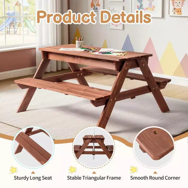 Table de pique-nique et banc d'extérieur rectangulaires en bois Karl Home Kids avec parasol et bacs de jeu