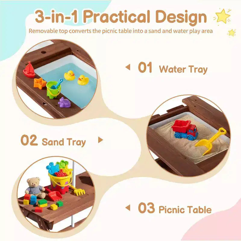 Table de pique-nique et banc d'extérieur rectangulaires en bois Karl Home Kids avec parasol et bacs de jeu