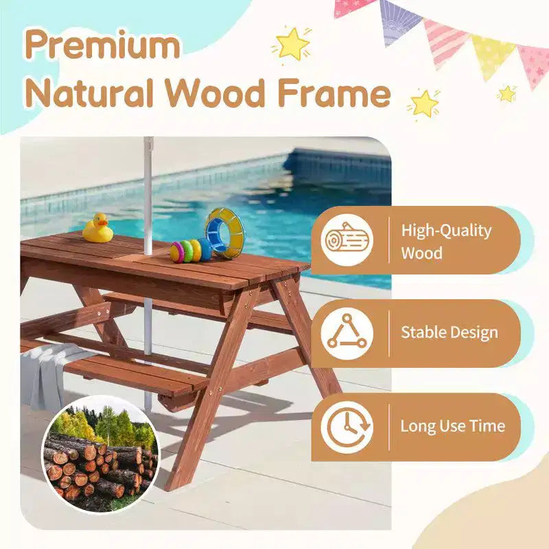 Table de pique-nique et banc d'extérieur rectangulaires en bois Karl Home Kids avec parasol et bacs de jeu
