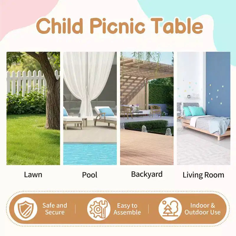 Table de pique-nique et banc d'extérieur rectangulaires en bois Karl Home Kids avec parasol et bacs de jeu