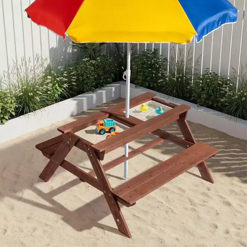 Table de pique-nique et banc d'extérieur rectangulaires en bois Karl Home Kids avec parasol et bacs de jeu