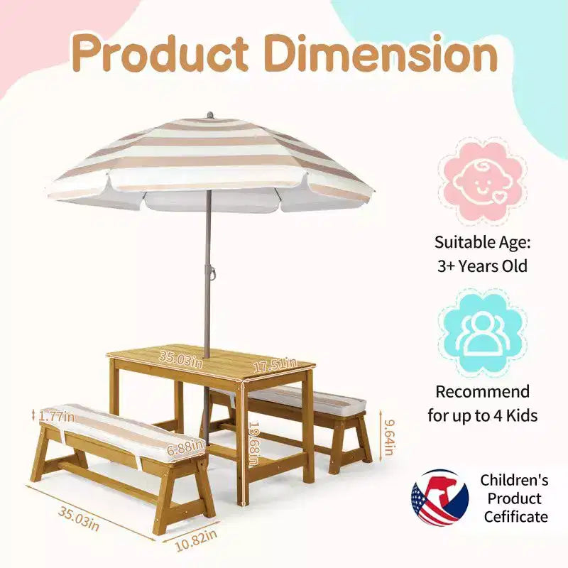 Table et banc de pique-nique rectangulaires d'extérieur en bois Karl Home Kids avec parasol et coussin