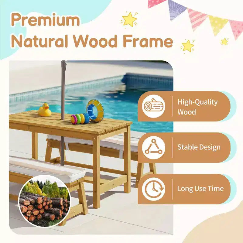 Table et banc de pique-nique rectangulaires d'extérieur en bois Karl Home Kids avec parasol et coussin