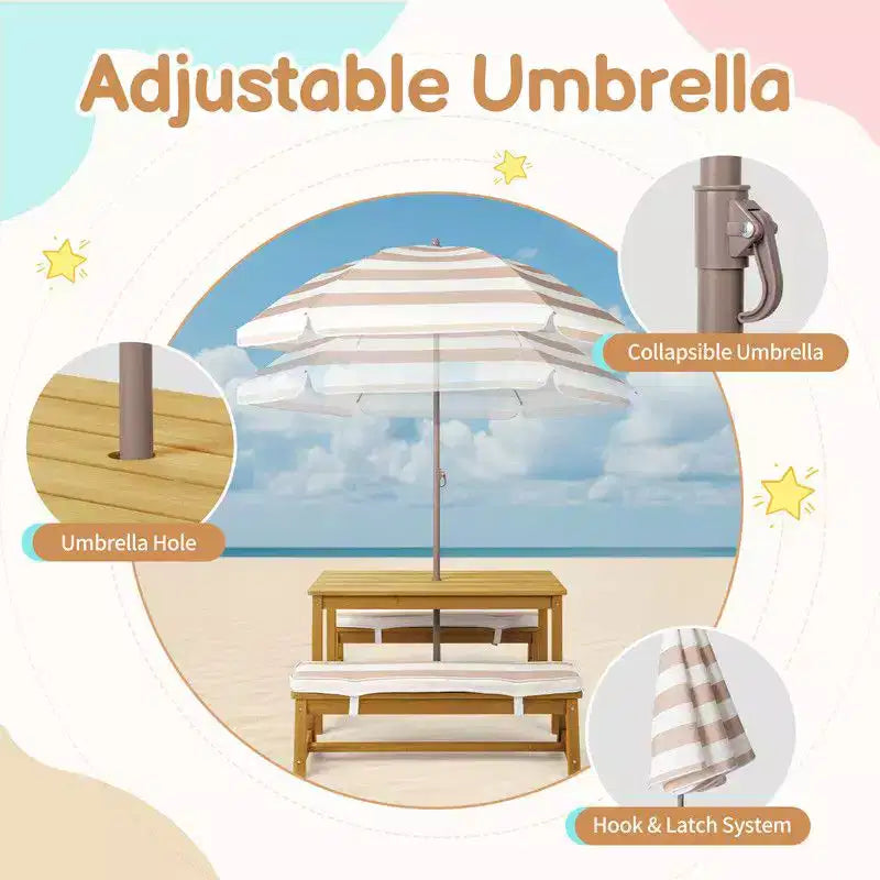 Table et banc de pique-nique rectangulaires d'extérieur en bois Karl Home Kids avec parasol et coussin