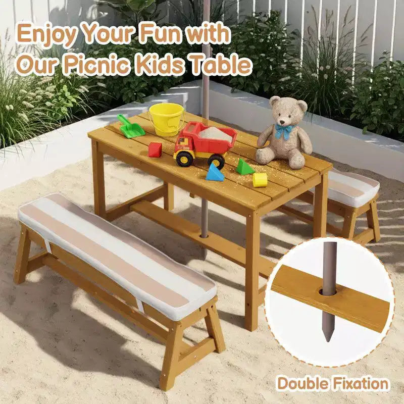 Table et banc de pique-nique rectangulaires d'extérieur en bois Karl Home Kids avec parasol et coussin