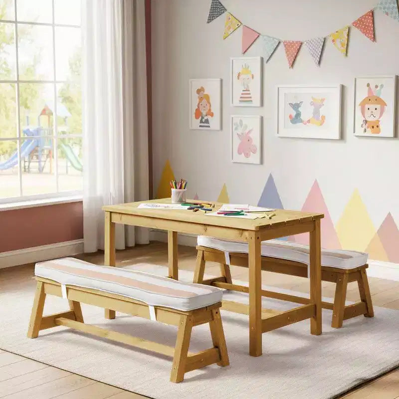 Table et banc de pique-nique rectangulaires d'extérieur en bois Karl Home Kids avec parasol et coussin