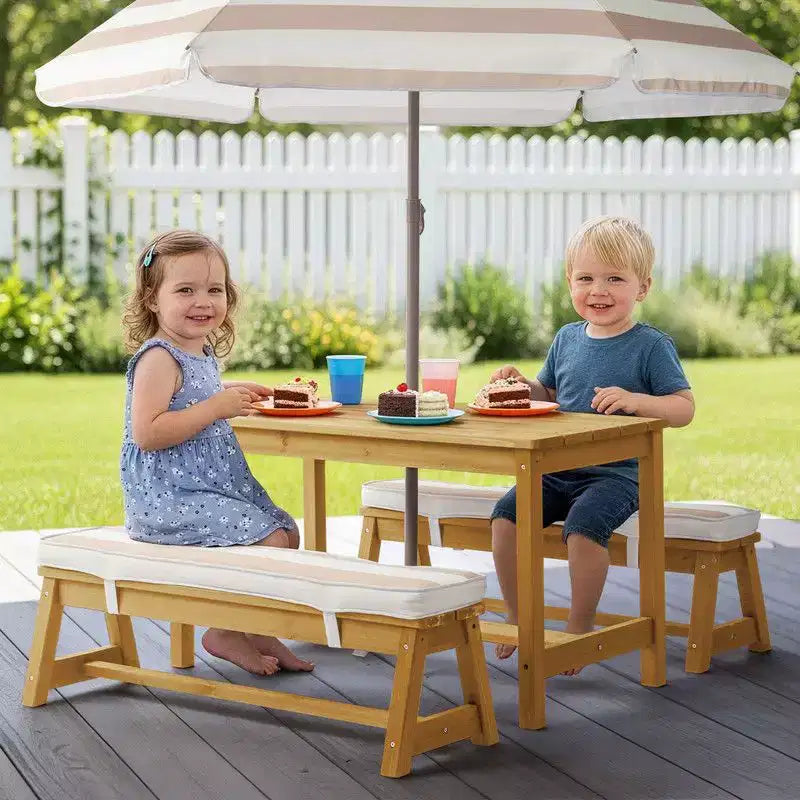 Table et banc de pique-nique rectangulaires d'extérieur en bois Karl Home Kids avec parasol et coussin