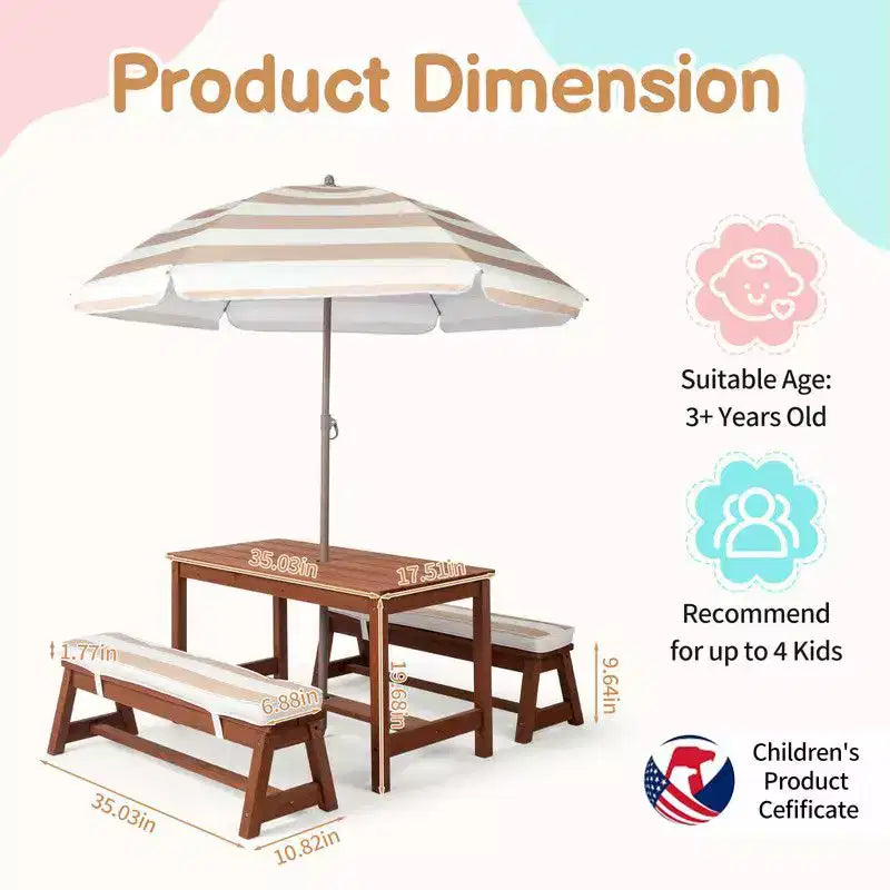 Table et banc de pique-nique rectangulaires d'extérieur en bois Karl Home Kids avec parasol et coussin
