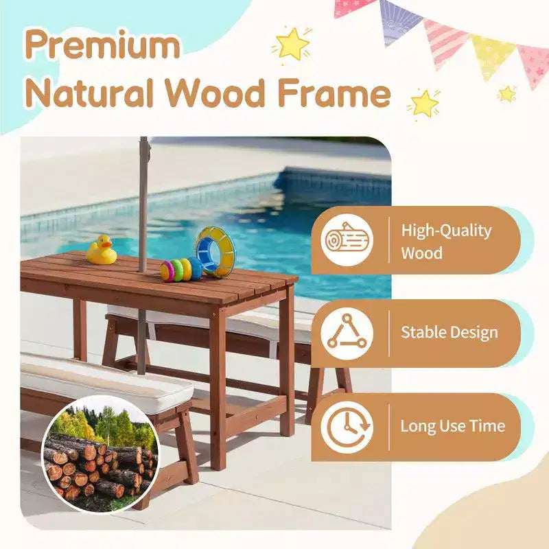 Table et banc de pique-nique rectangulaires d'extérieur en bois Karl Home Kids avec parasol et coussin