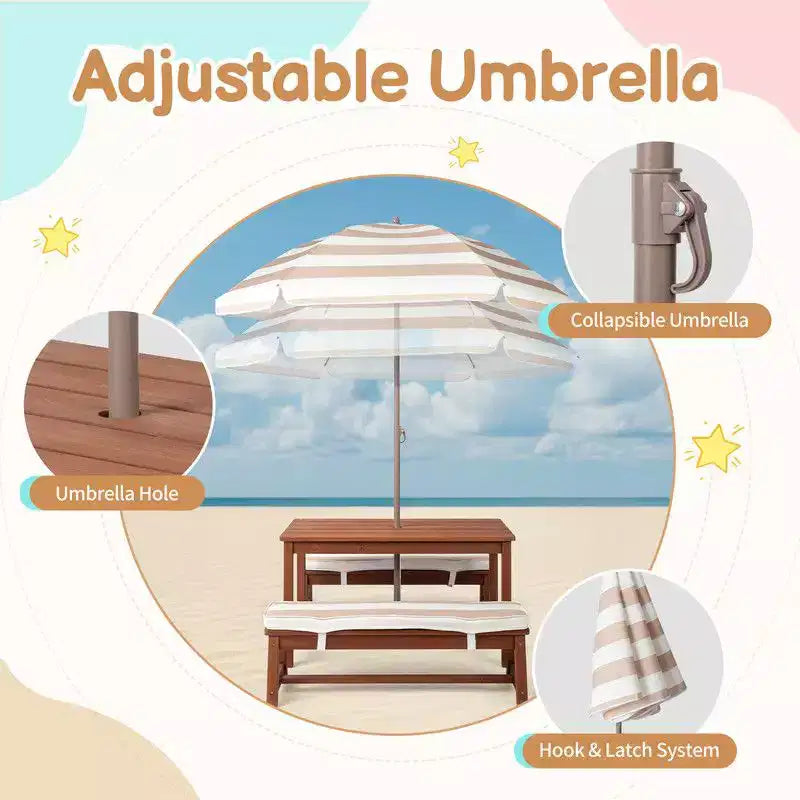 Table et banc de pique-nique rectangulaires d'extérieur en bois Karl Home Kids avec parasol et coussin