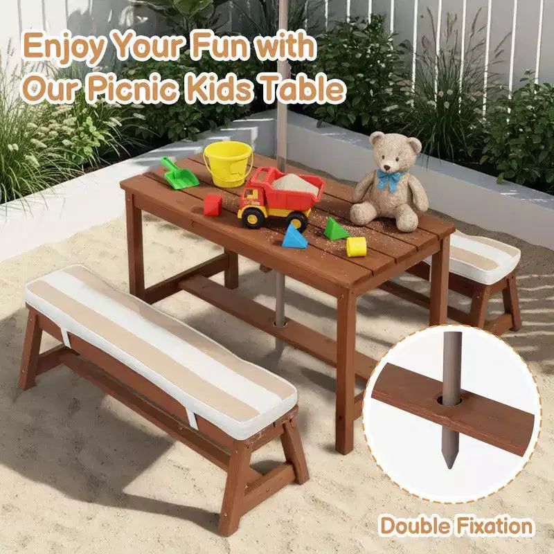 Table et banc de pique-nique rectangulaires d'extérieur en bois Karl Home Kids avec parasol et coussin