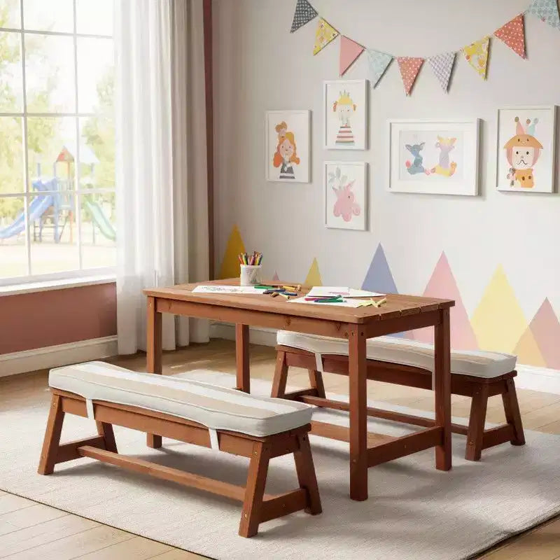Table et banc de pique-nique rectangulaires d'extérieur en bois Karl Home Kids avec parasol et coussin