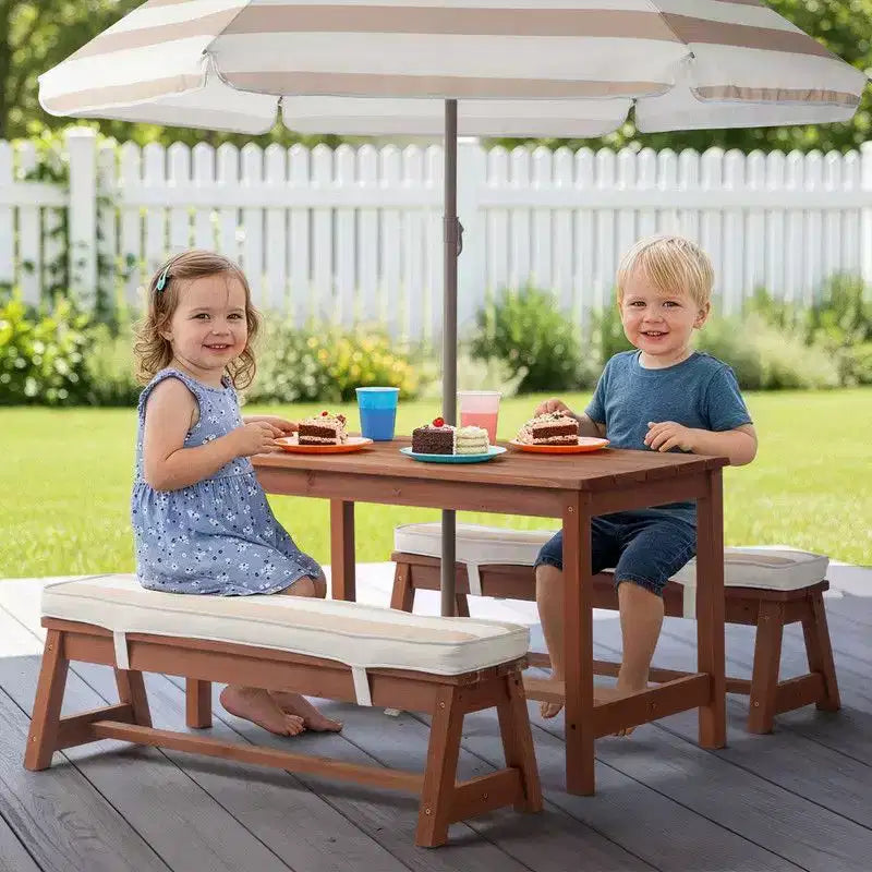 Table et banc de pique-nique rectangulaires d'extérieur en bois Karl Home Kids avec parasol et coussin