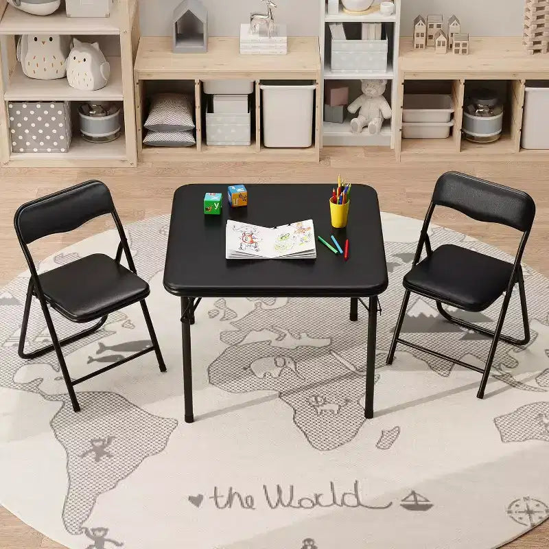 Ensemble table et deux chaises pliantes pour enfants, avec coussins en PU, facile à ranger, idéal pour les repas, la lecture et les jeux des enfants.
