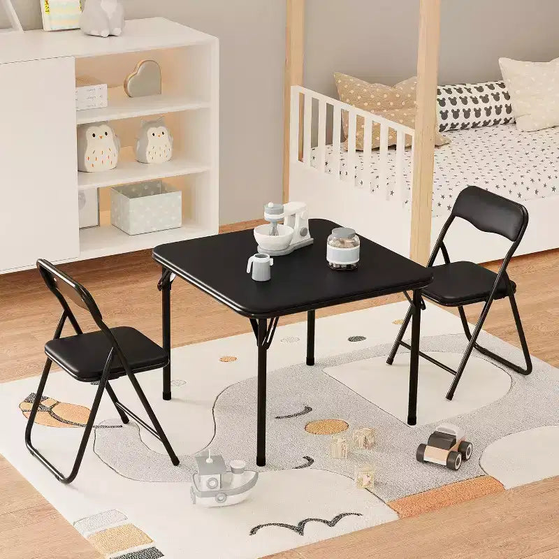 Ensemble table et deux chaises pliantes pour enfants, avec coussins en PU, facile à ranger, idéal pour les repas, la lecture et les jeux des enfants.