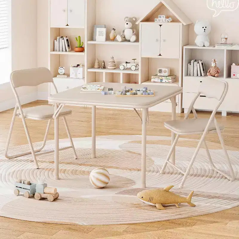 Ensemble table et deux chaises pliantes pour enfants, avec coussins en PU, facile à ranger, idéal pour les repas, la lecture et les jeux des enfants.