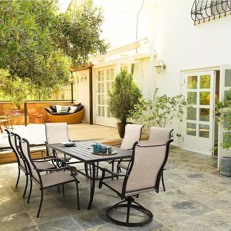 HAPPATIO Ensemble de salle à manger d'extérieur 7 pièces, ensemble de salle à manger de patio, 2 chaises pivotantes, 4 chaises de salle à manger à pieds, ensemble de meubles en textilène pour terrasse, jardin, piscine